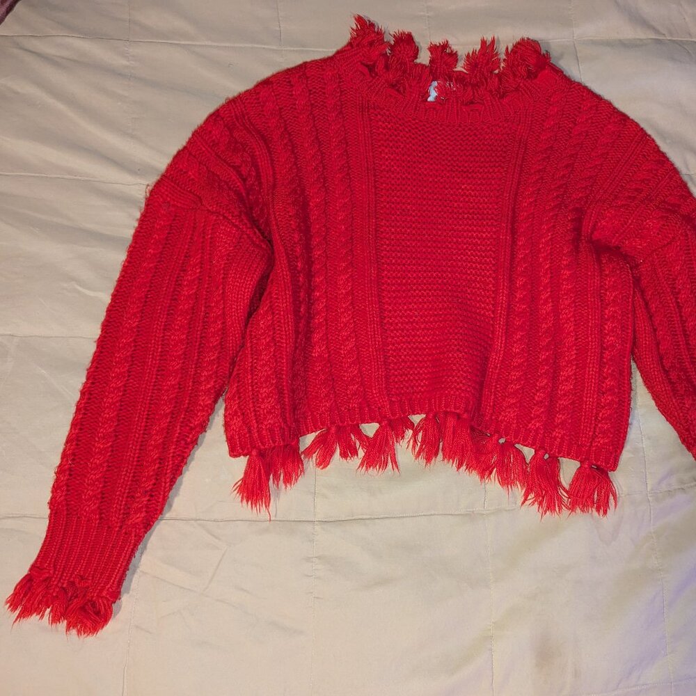 Knit Red Sweater with Tassels